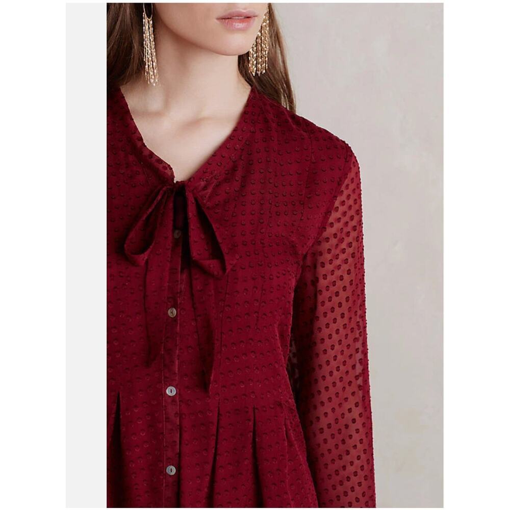 Meadow Rue Anthropologie Red Silk Blend Button Up Blouse Neck Tie Clip Dot sz M - Picture 4 of 14